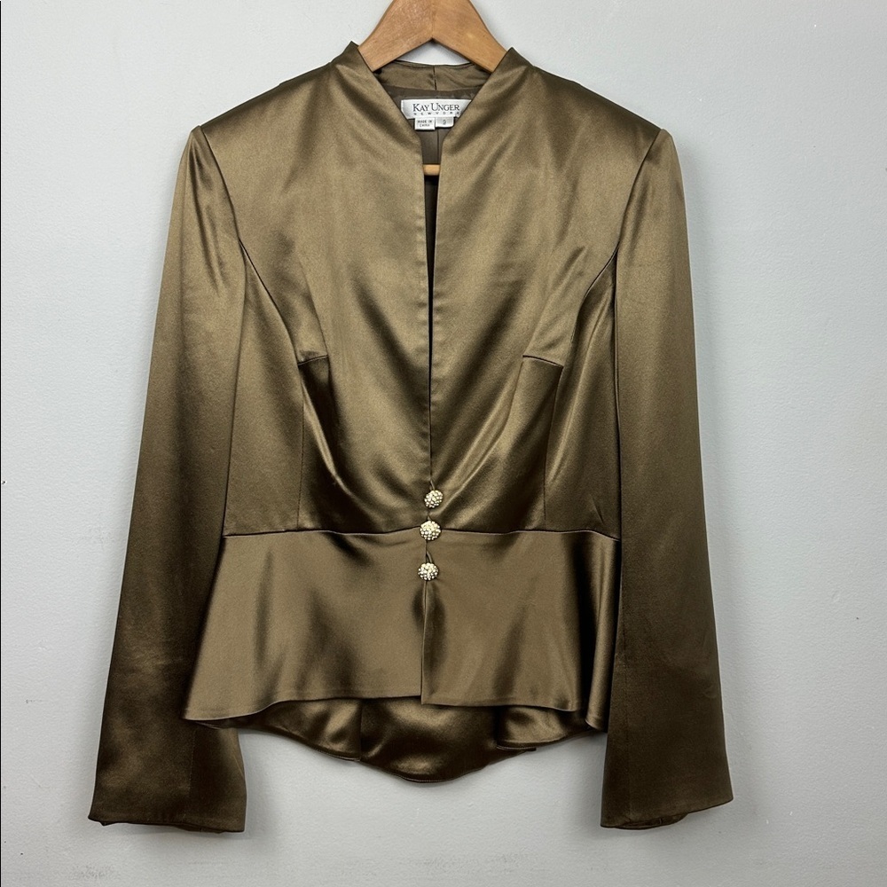 Kay Unger 100% Silk Gold Tone Peplum Jewel Buttons Blazer Sz 0